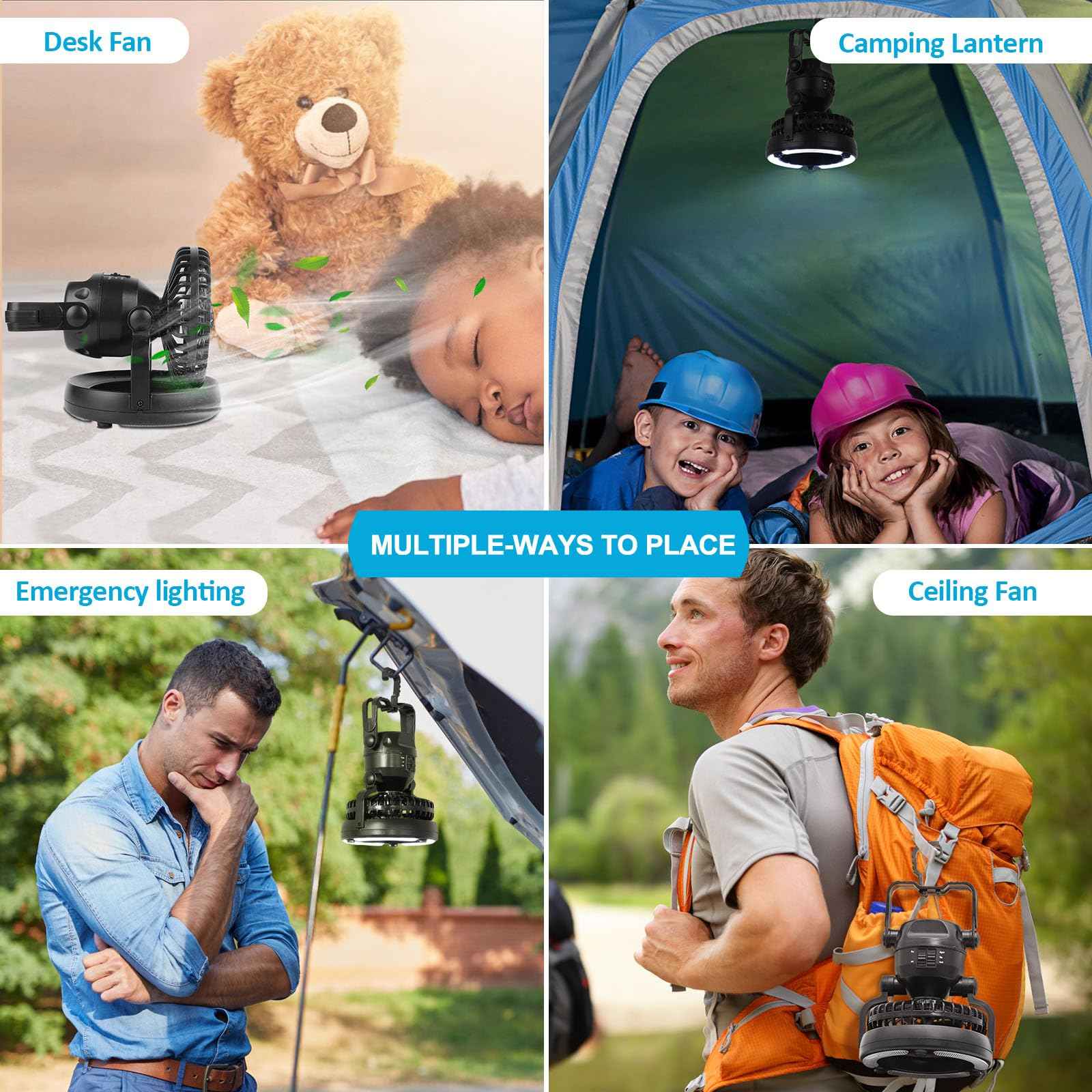 SZJUANWANG Portable Camping Light with Ceiling Fan, Tent LED Light Fan with Hanging Hook, 3 Speed Strong Airflow, Camping Lantern Fan, Cooling for Bed Camping Hiking Hurricane Emergency