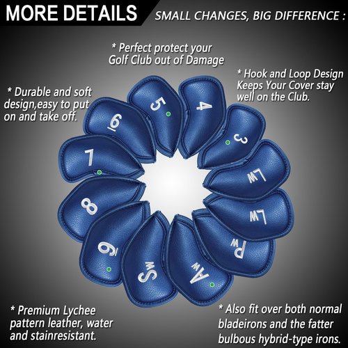 FINGER TEN Premium Synthetic Leather Stylish Iron & Wedge Golf Head Covers Value 12 Piece Set, Embroidered Labels & Fits Most Clubs Gift Set, Travel Protection Accessories (1 Side-Blue)
