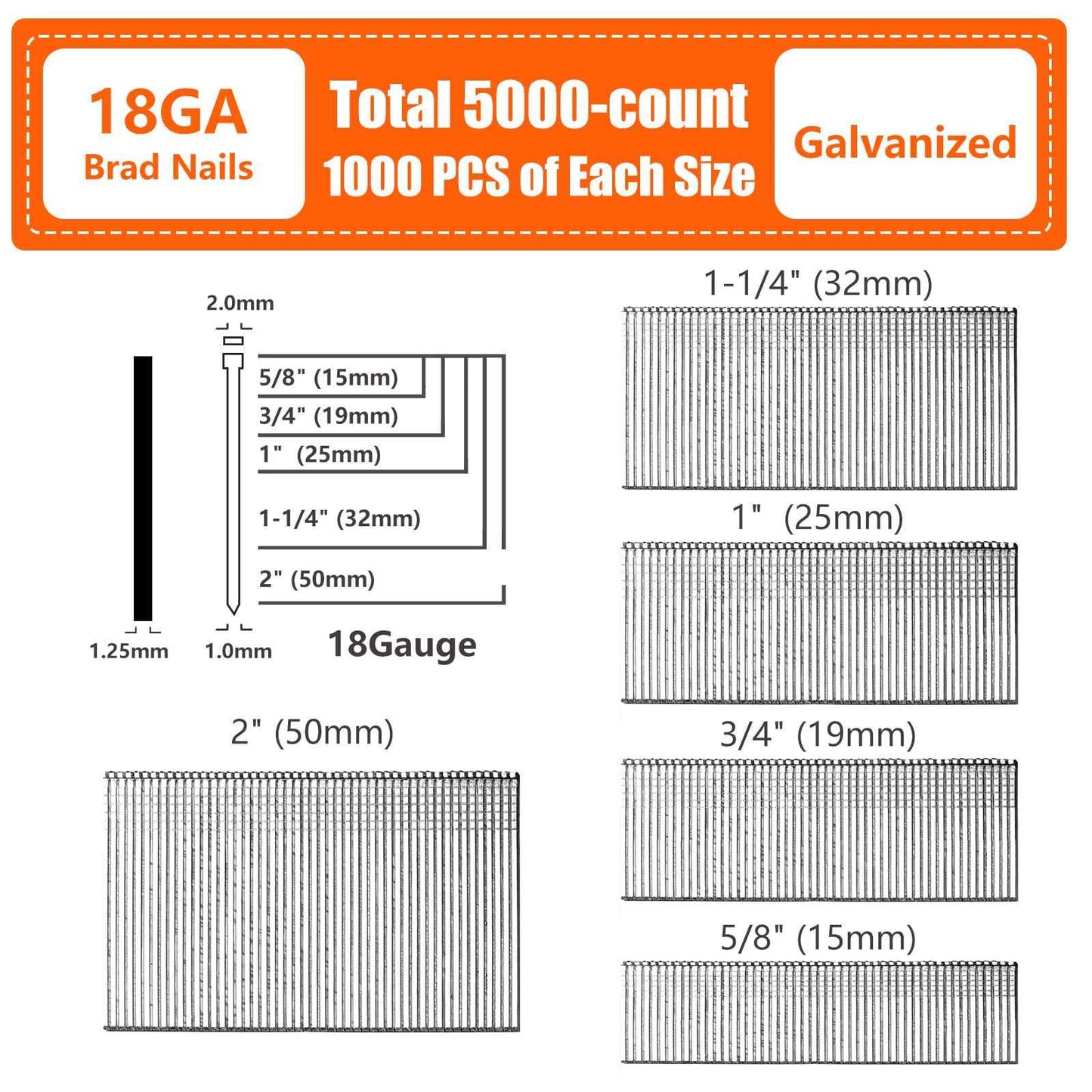 SITLDY 18 Gauge Galvanized Brad Nails Brown T-head 5 Sizes 5000-Pack (5/8"+3/4"+1"+1-1/4"+2"),1000 per size, Assorted Size Project Pack, for Pneumatic, Electric 18GA Brad Nailer Gun