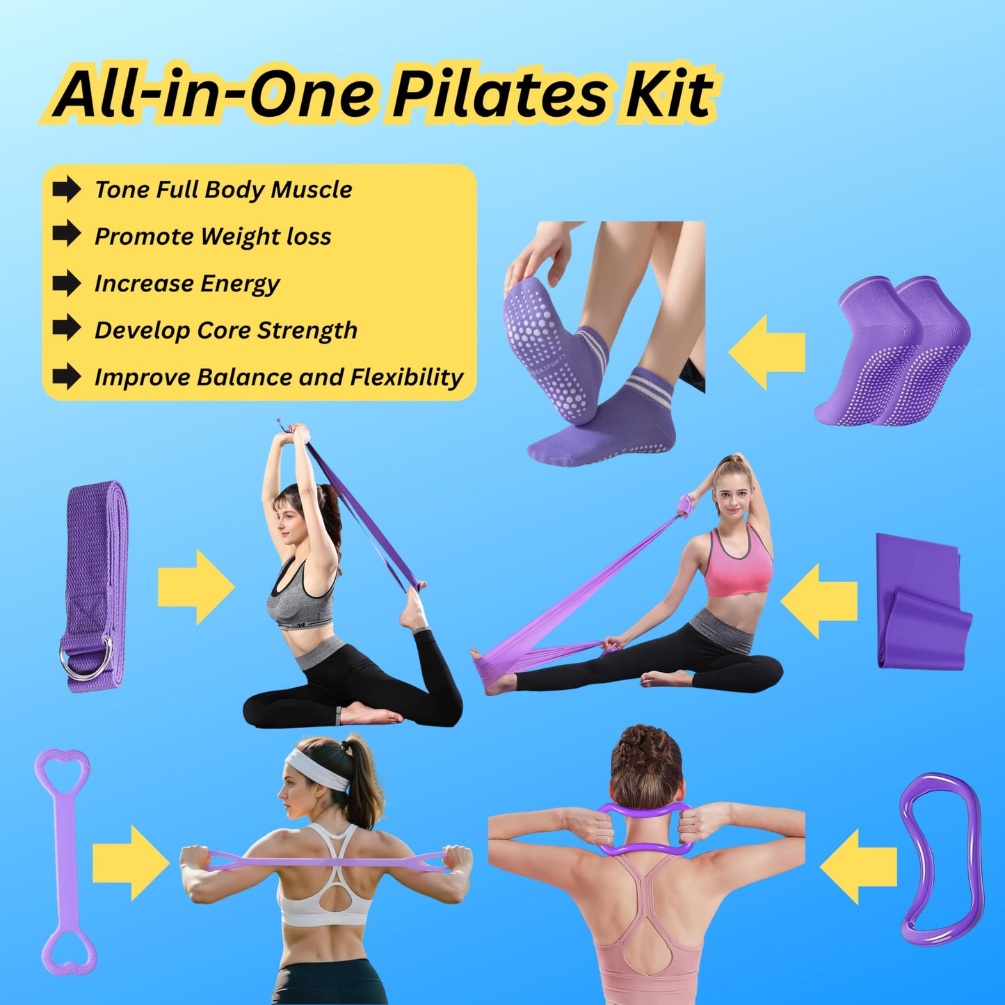 Mjhluxe Pilates Kit for Home Workouts, 13-Pcs Pilates Essentials Kit with Ring and Ball Set, Resistance Bands, Home Pilates Equipment for Women, Starter Workout Kit for Beginners