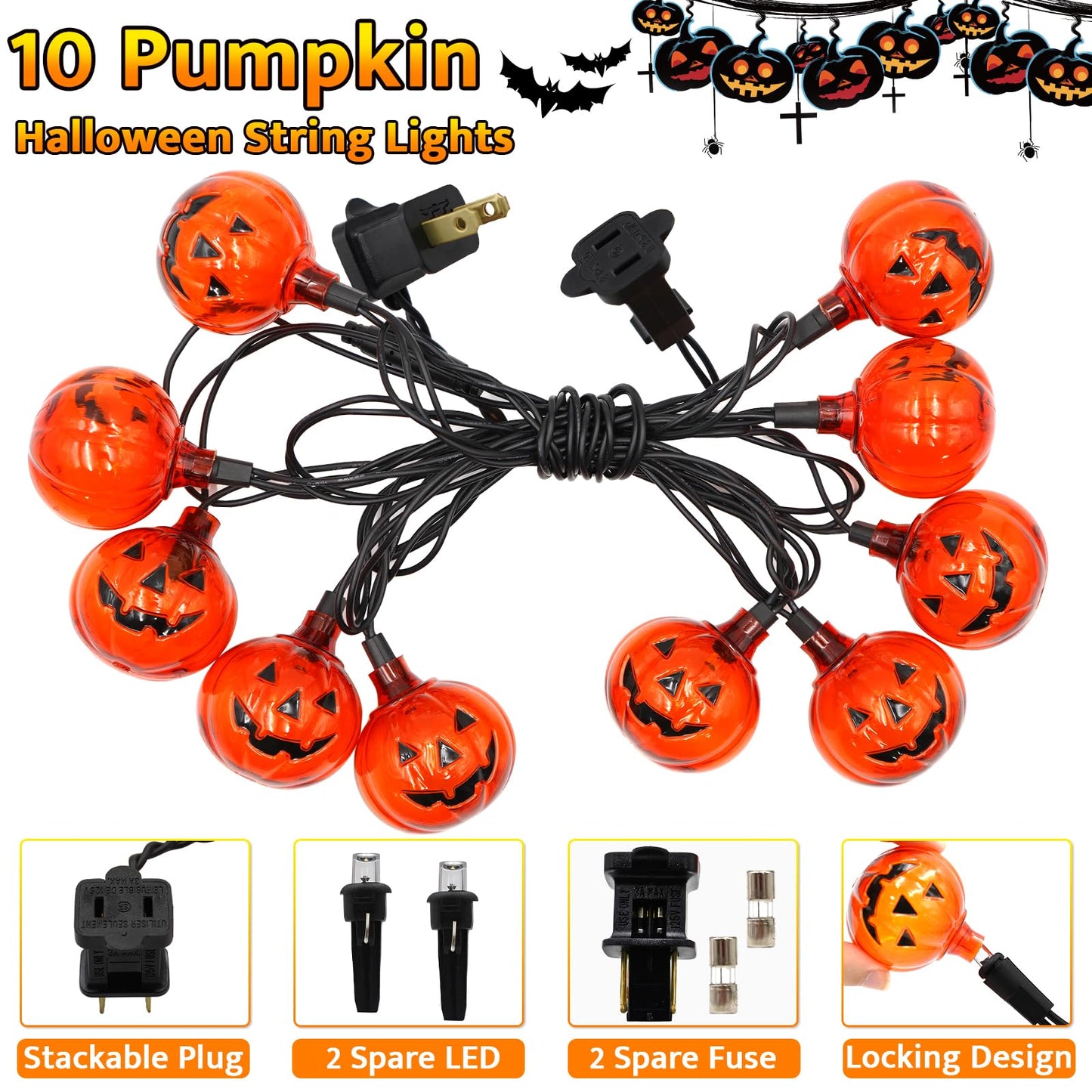 Couah Halloween Pumpkin LED String Lights, 8.5Ft Jack O Lantern Lights with 10 PCS Pumpkins Plug-in Waterproof for Outdoor Indoor Home Decorations