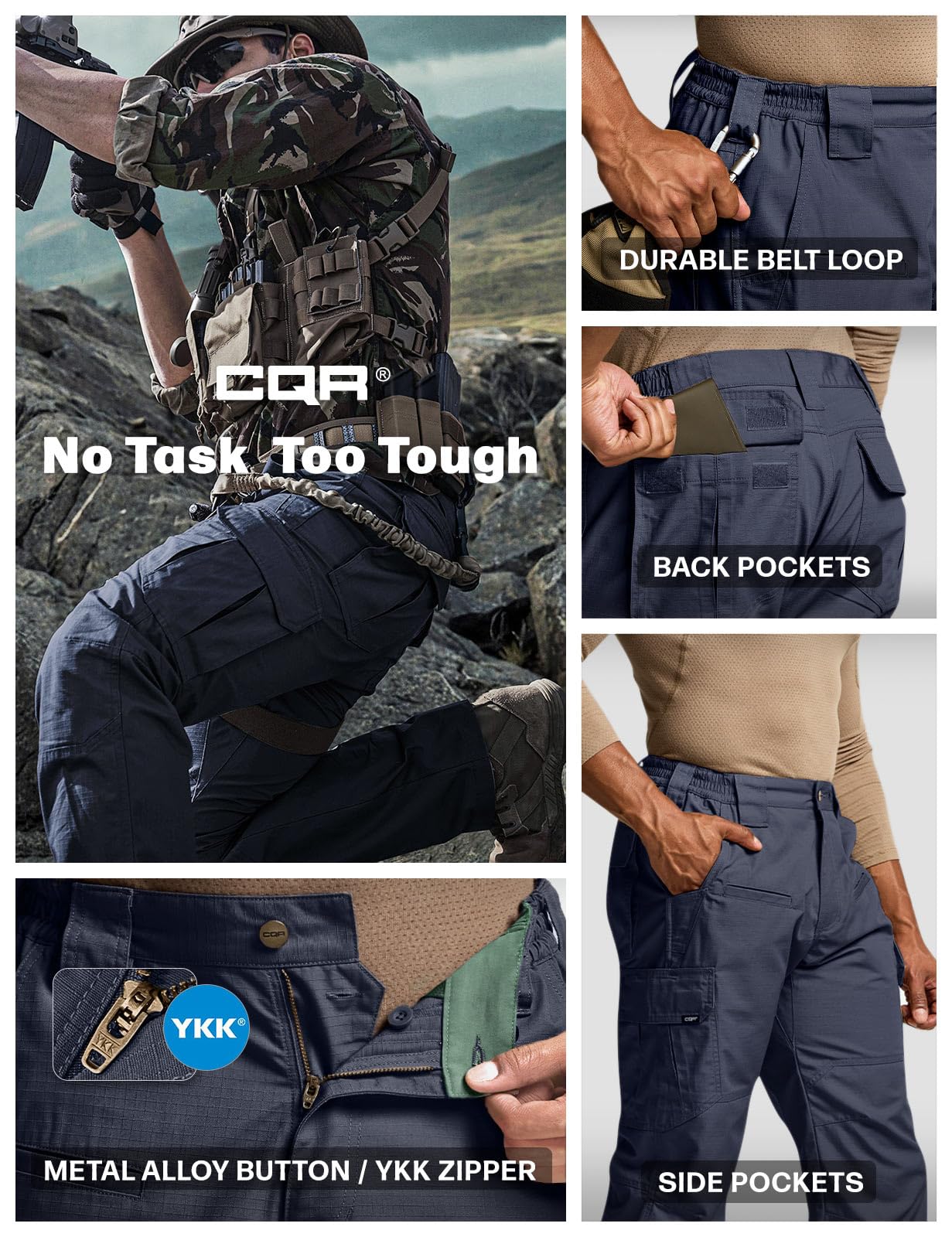 CQR Men's Tactical Pants, Water Resistant Ripstop Cargo Pants, Lightweight EDC Work Hiking Pants, Outdoor Apparel, Raider Police Navy, 32W x 30L