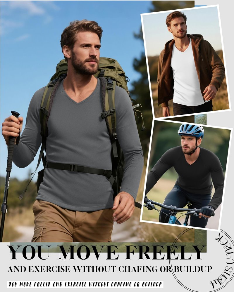 Riyiper 3 Pack Men's Thermal Shirts Long Sleeve Thick T-Shirt V Neck Fleece Undershirts Basic Comfortable Winter Layer Tops(Black, White, Gray,X-Large)