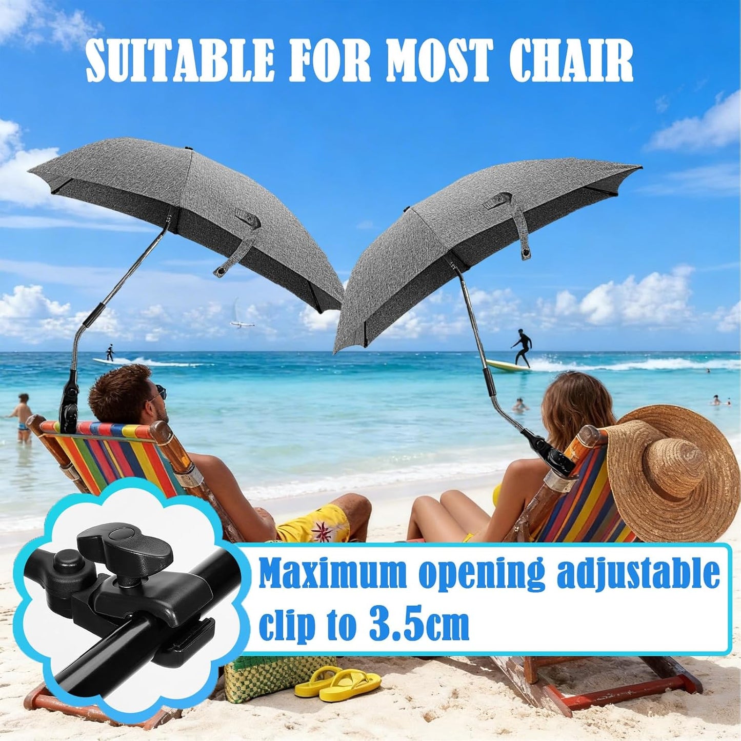 Skiennix Chair Umbrella - 78cm UV Protection Sun Shade with 360° Adjustable Clamp for Strollers & Beach Chairs