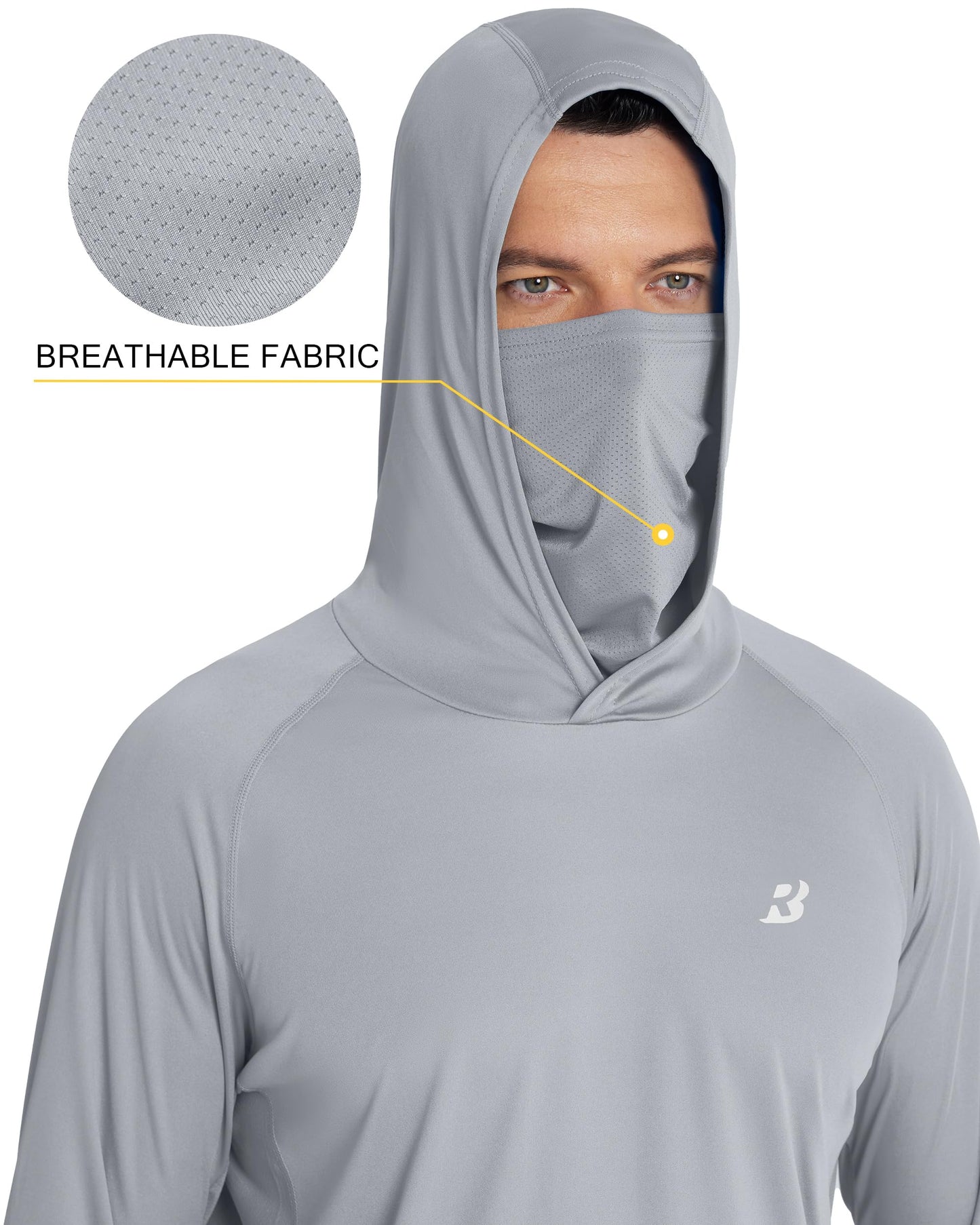 Roadbox Men's UPF 50+ Hooded Fishing Shirts Long Sleeve Sun Protection Hoodie, Hiking Running Swimming Rash Guard with Mask