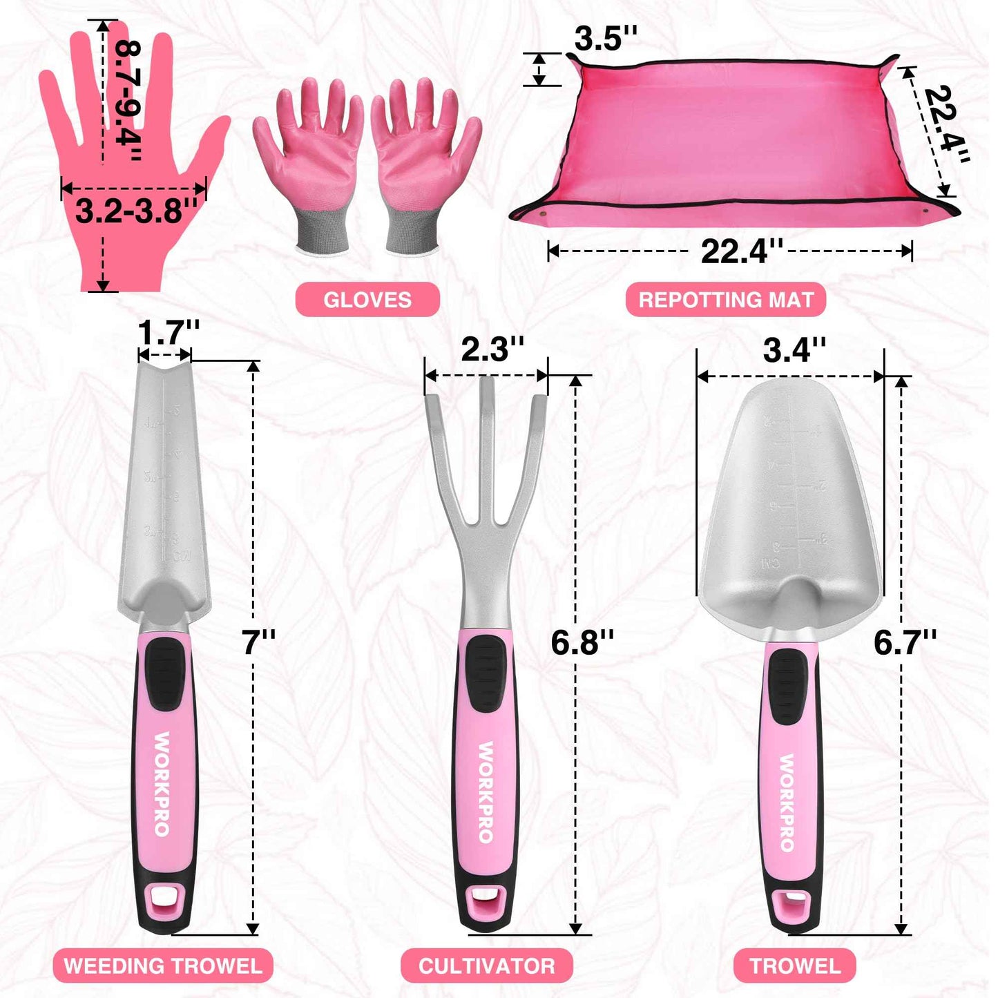 WORKPRO 5PCS Garden Tool Set, Powder Coating Compact Aluminum Gardening Tool Set with Repotting Mat, Outdoor Garden Hand Tools, Ideal Gardening Gift, Pink Ribbon