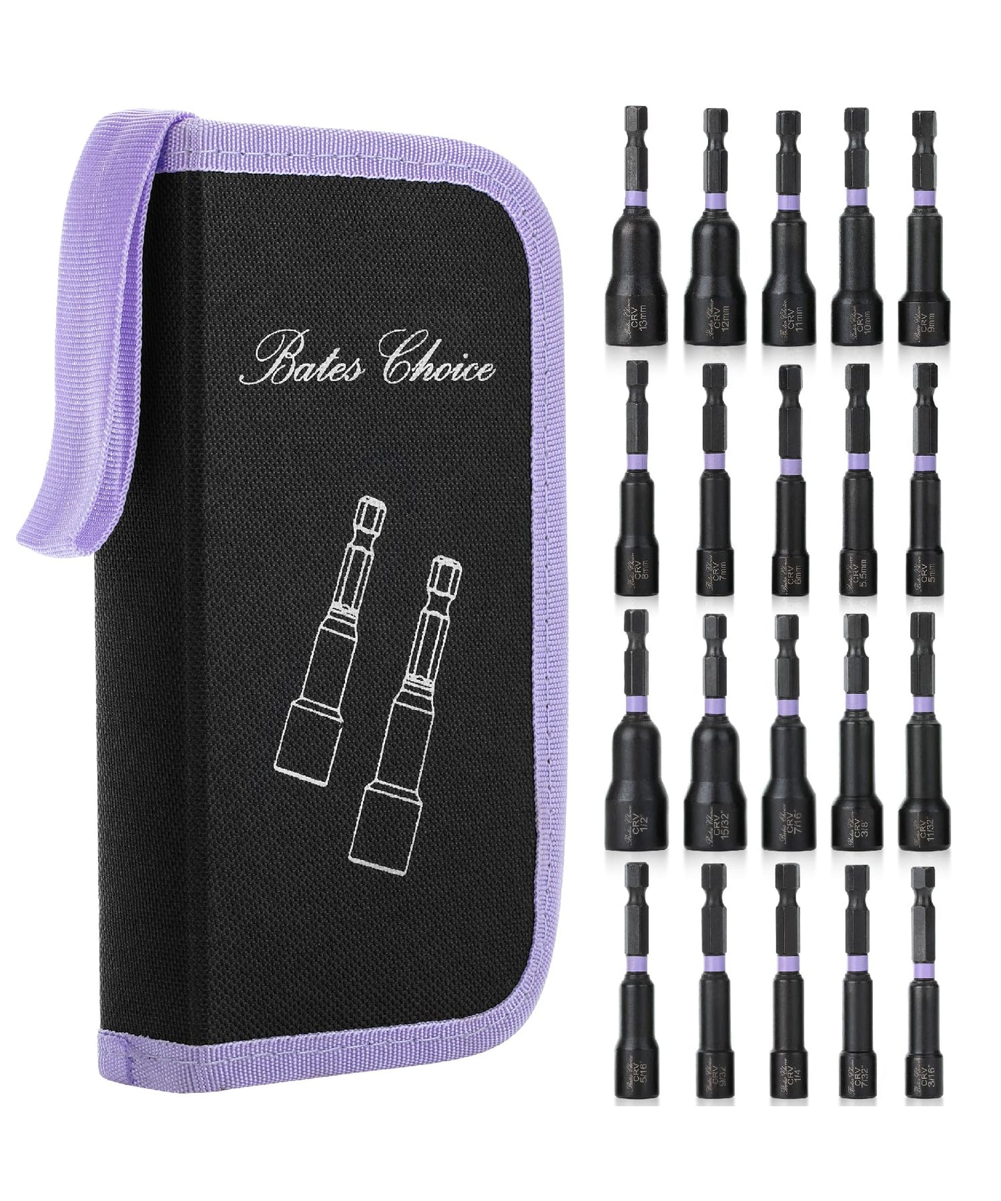 Bates Choice Magnetic Nut Driver Set, 20pc, Metric & SAE, 5-13mm, 3/16"-1/2", Hex Nut Driver Set with Storage Bag