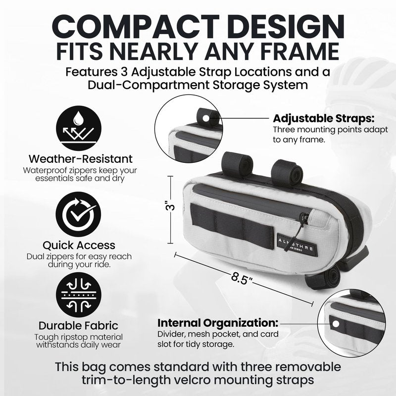 ALMSTHRE Compact Bike Frame Bag – Sterling Silver | Weather-Resistant, Waterproof Zippers & Dual-Sided Access for Road, MTB, and Ebike Frames
