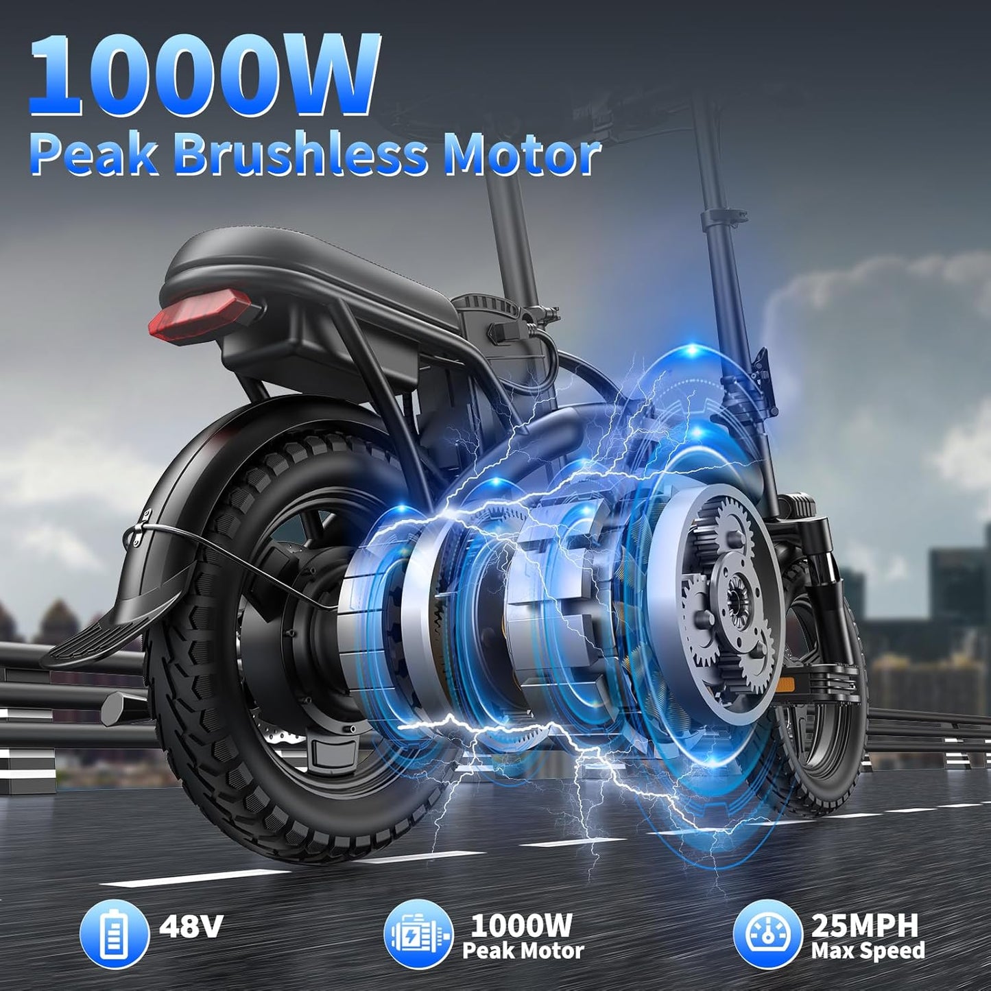 Peak Folding Electric Bike - 1200W/1000W, 25 MPH, 48V 10Ah, 45 Miles Range, 14" Tire Full Suspension