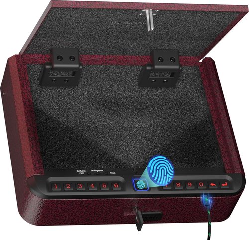 BILLCONCH Biometric Gun Safe for Handgun - Quick Access with Fingerprint, Keypad & APP Lock | Burgundy Red