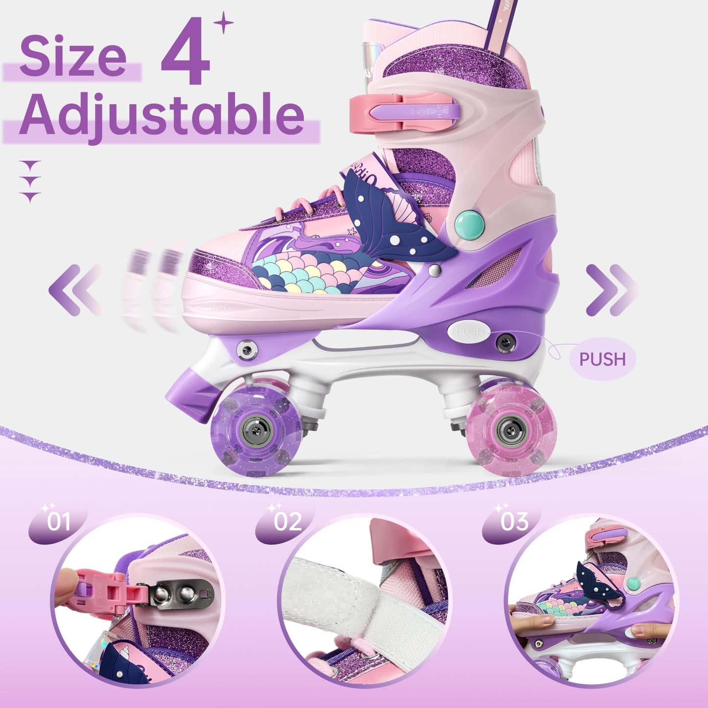4 Sizes Adjustable Kids Roller Skates, Kids Roller Blades with Triple Safety Straps & LED Light Wheels Perfect for Beginners, Ideal Gift for Boys & Girls (Pink, Small(9C-12C))