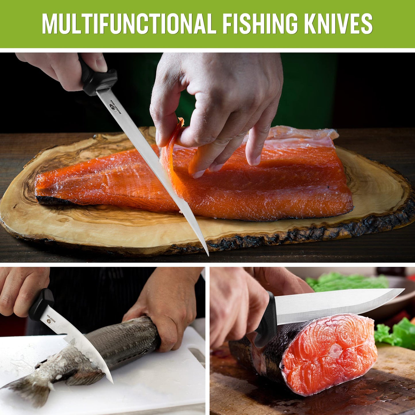 Mossy Oak 3-Piece Fishing Fillet Knife Set with Protective Sheath, Stainless Steel Filet Knives with Non-Slip Handle, Bait Knife for Filleting and Boning (Military Green)