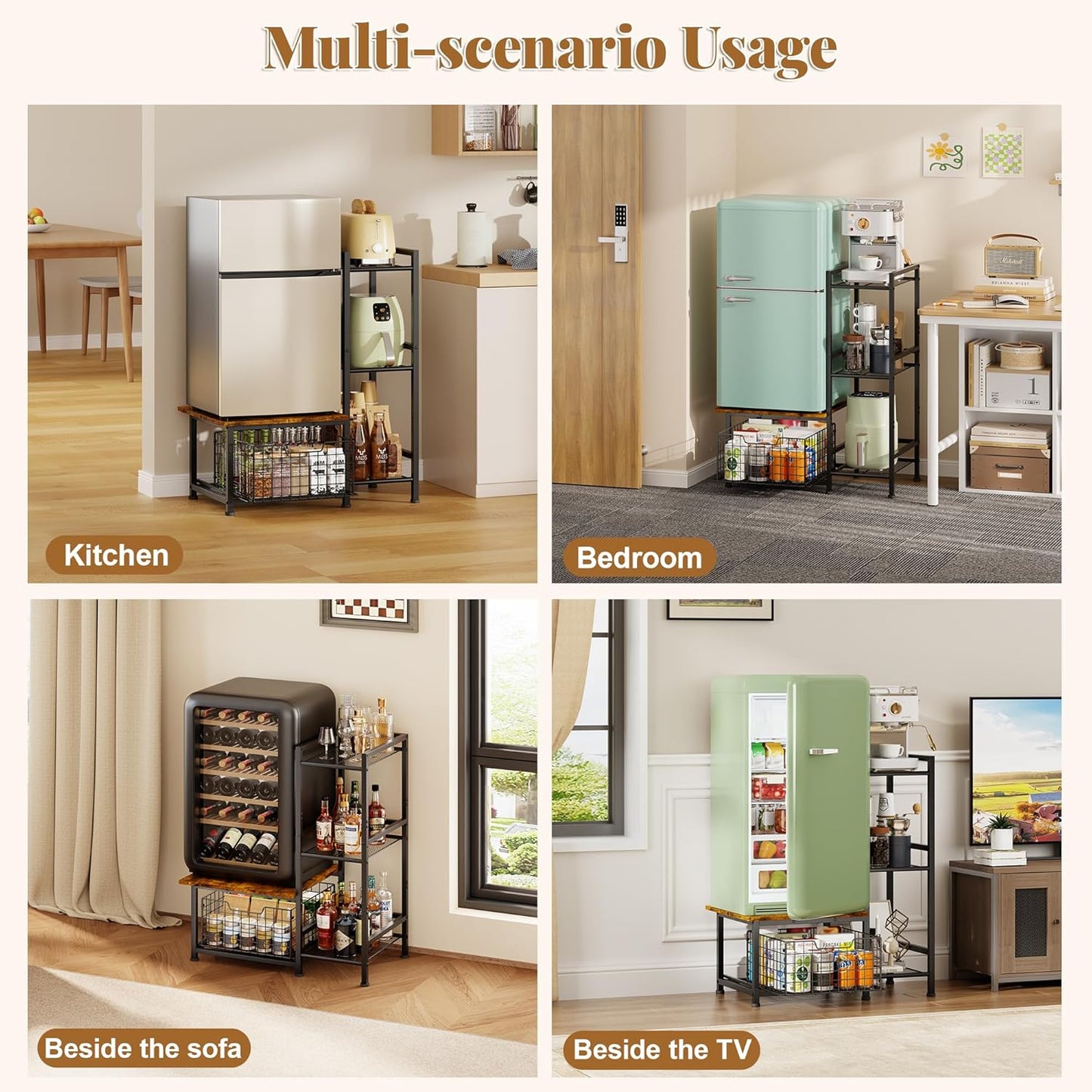 Yuyetuyo Mini Fridge Stand - Stylish Coffee Bar & Wine Cabinet with Storage Basket | Perfect for Dorms & Offices