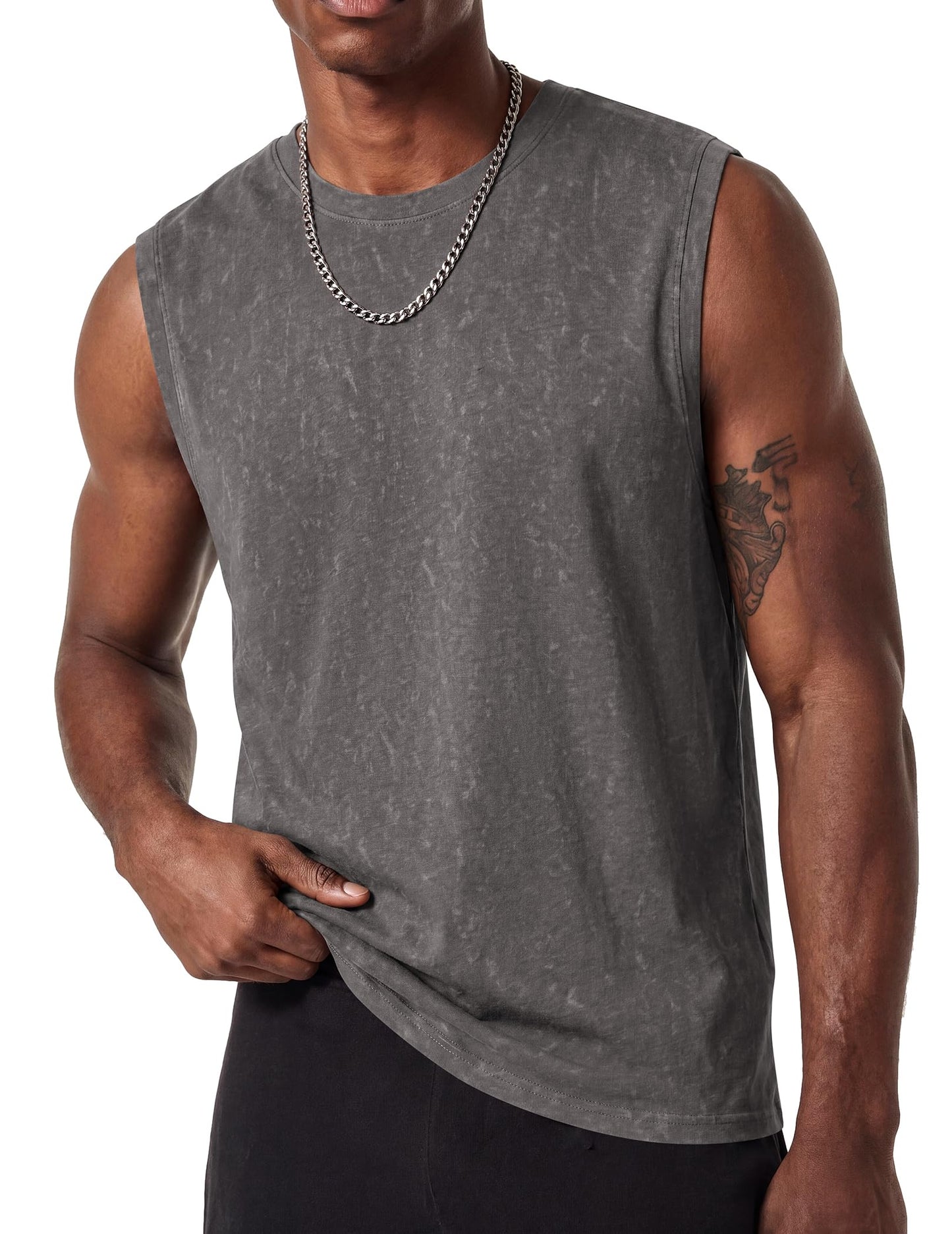 COOFANDY Men's Cotton Sleeveless T Shirt Oversized Workout Tank Top Dark Gray Retro Washed T Shirts Wide Shoulder