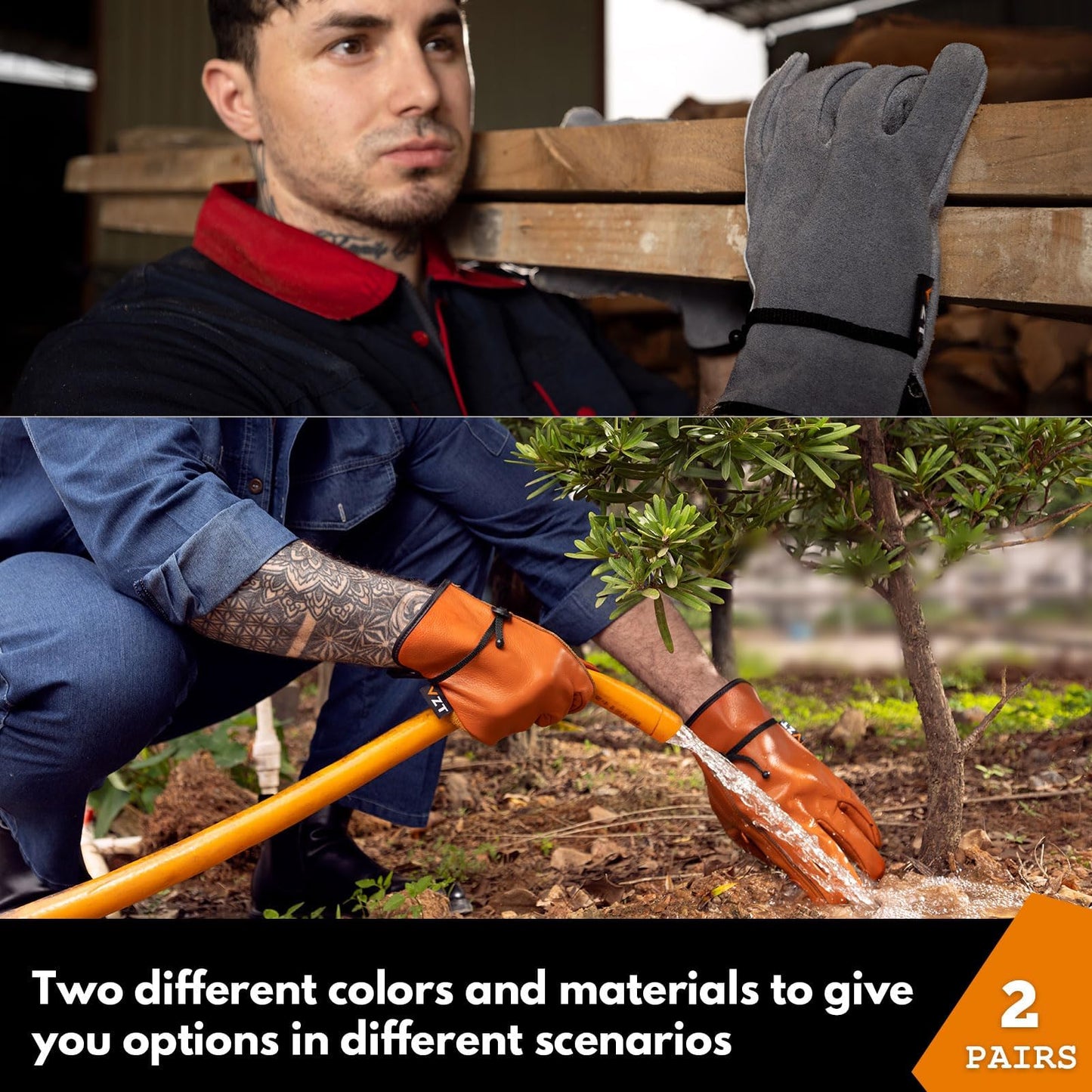 VZT 2 Pairs Leather Work Gloves for Men or Women, for Gardening, Construction, Wood Working. Heavy Duty, Driver, Motorcycle, Cowhide, Thick, Soft & flexible, Water Resistant, (Brown & Gray, Large)