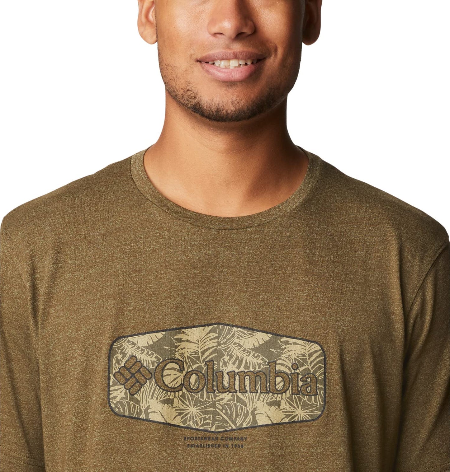 Columbia Men's Thistletown Hills Graphic Short Sleeve, Olive Green Heather/Wanderland Graphic, 4X Tall