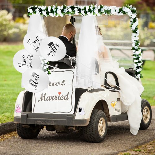 Wedding Golf Cart Decorations 1 Just Married Sign Banner 4 Rose Garland 14 Assorted Ornate Car Magnets 19.7ft Draping Fabric 4 Mr and Mrs Just Married Balloons for Bridal Shower Honeymoon Photo Props