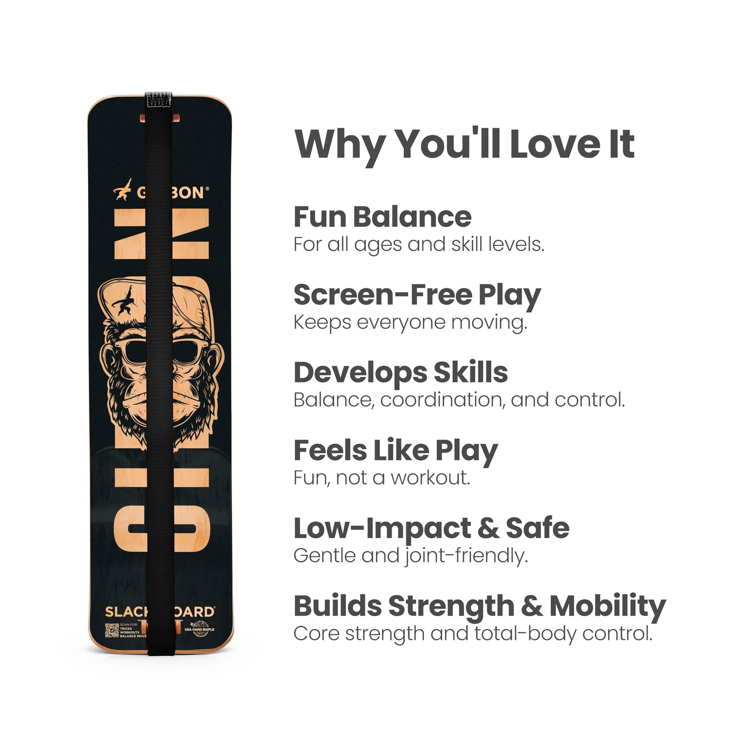 GIBBON SlackBoard - GiBoard Balance Board Kids & Adults - Slackline Balance Trainer - Slack Board Core Workout Equipment Home Gym Training - Standing Desk Exercise - Yoga, Agility, Pilates & More