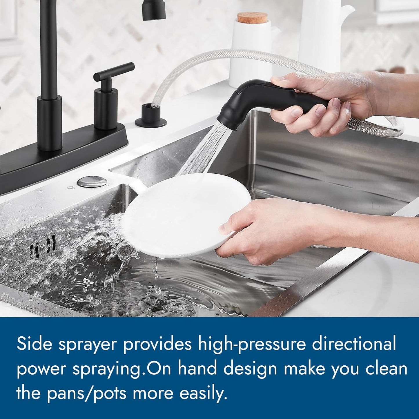 Brushed Nickel Kitchen Faucet with 360° Rotating Spout & Side Sprayer - 2 Handle, 8 Inch Centerset