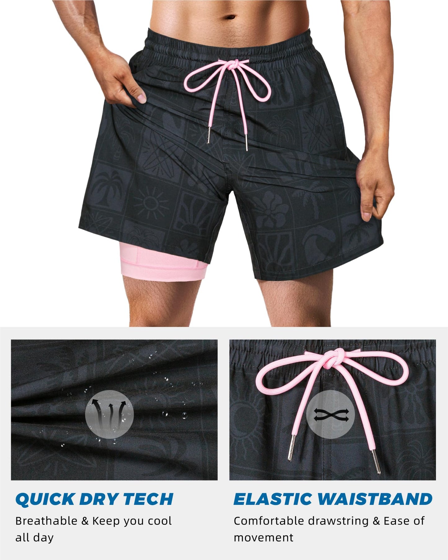 SURF CUZ Mens Swim Trunks with Compression Liner Quick Dry Swim Shorts 7" Swimming Trunks Stretch Bathing Suit 7 Inch,Black Pink,XXL