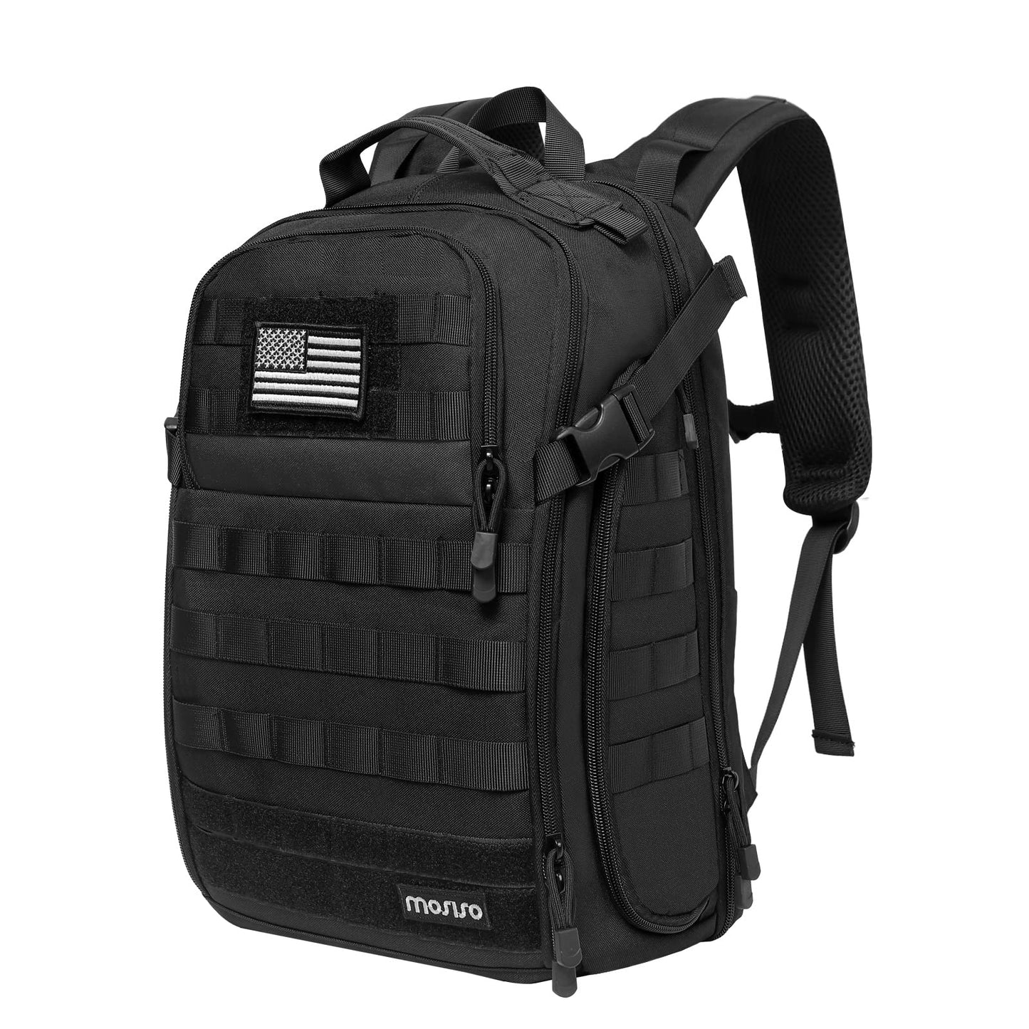 MOSISO Tactical Backpack, 2-Layer Military Daypack 3 Day Assault Pack Rucksack Outdoor Hiking Hunting Camping Training Travel Shoulder Bag with Trolley Belt & USA Flag Patch, Black