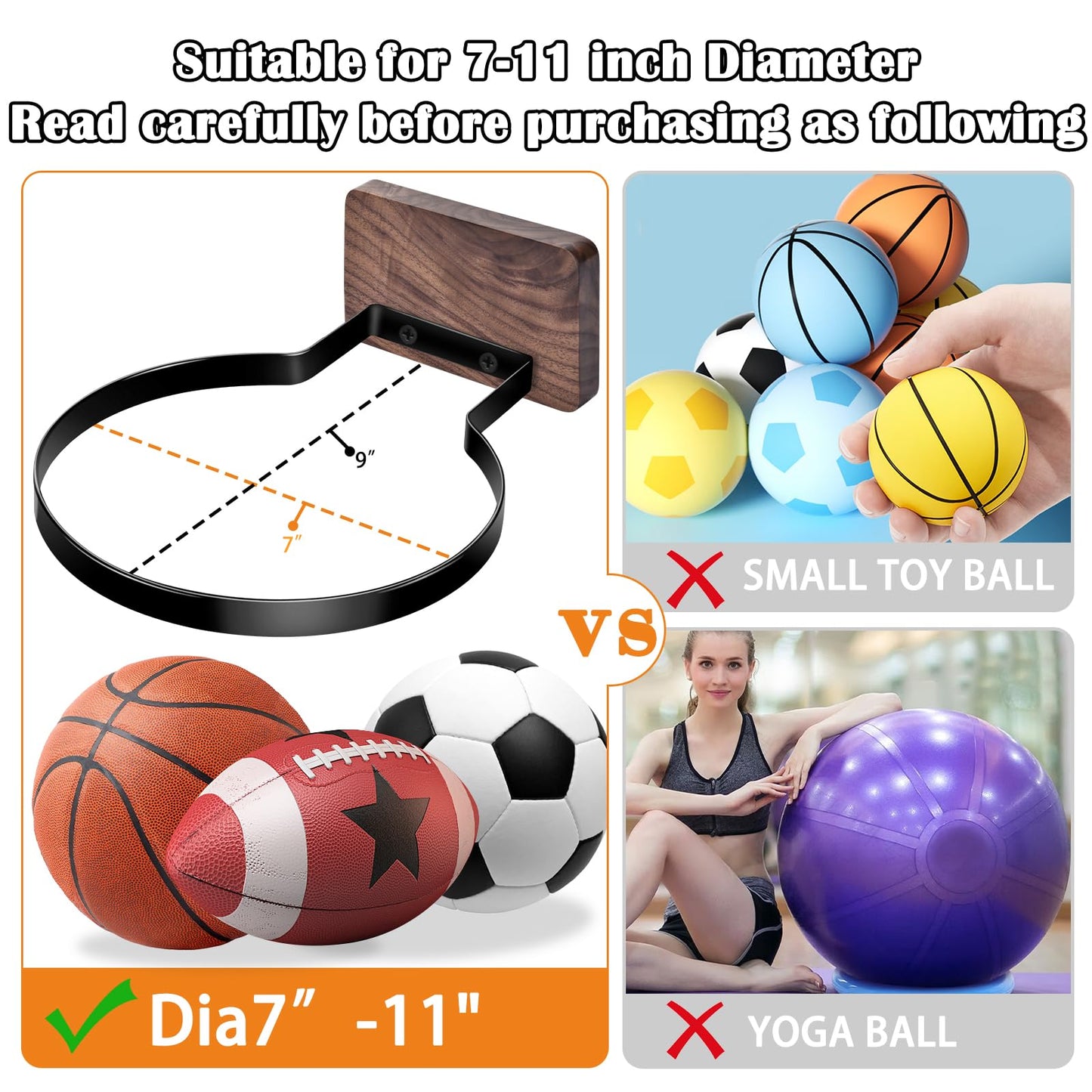 Basketball Holder Wall Mount, Black Walnut Ball Storage Wall Decorations for Basketball, Football, Soccer, Volleyball Collection, Stylish Basketball Rack Display for Home Decor (Black Wood-4 Packs)
