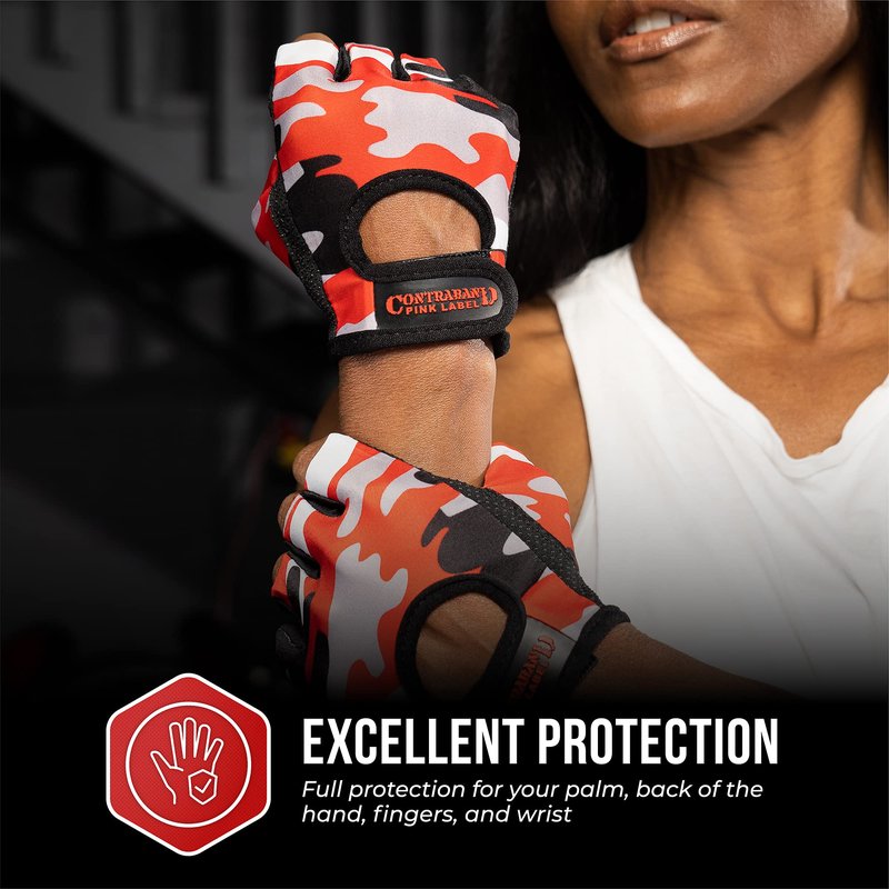 Contraband Pink Label 5217 Women's Design Series Camo Print Lifting and Rowing Gloves (Pair) - Lightweight Vegan Medium Padded Microfiber Amara Leather w/ Griplock Silicone (Red, Medium)
