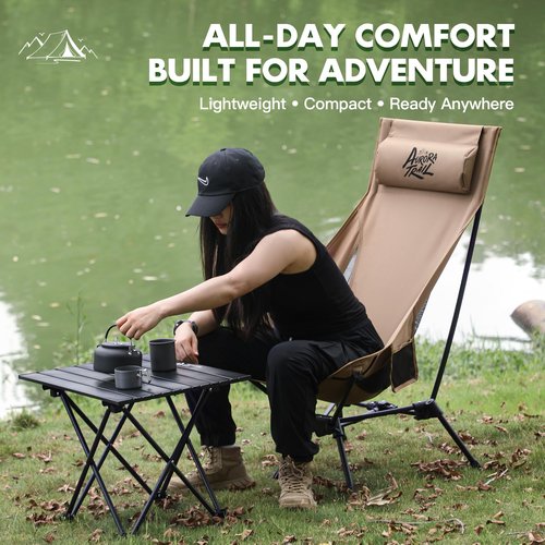 AuroraTrail High Back Folding Camping Chair with Pillow – Lightweight Portable Outdoor Chair with Cup Holder & Carry Bag, Sturdy Aluminum Frame Supports up to 374 lb for Camping, Hiking & Festivals