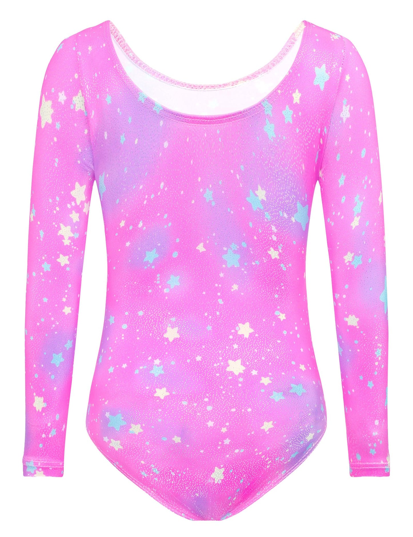 TENVDA Gymnastics Leotards for Girls 3t 4t Pink Stars Print Sparkly Long Sleeve Tumbling Outfit Breathable Cheer Practice Bodysuit
