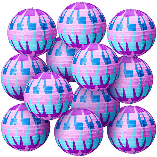 Leinuosen 12 Pcs Video Games Themed Paper Lanterns 8 Inch Llama Theme Party Paper Lanterns Purple Blue Piñata Gaming Hanging Decorations for Game Fans Birthday Baby Shower Party Supplies