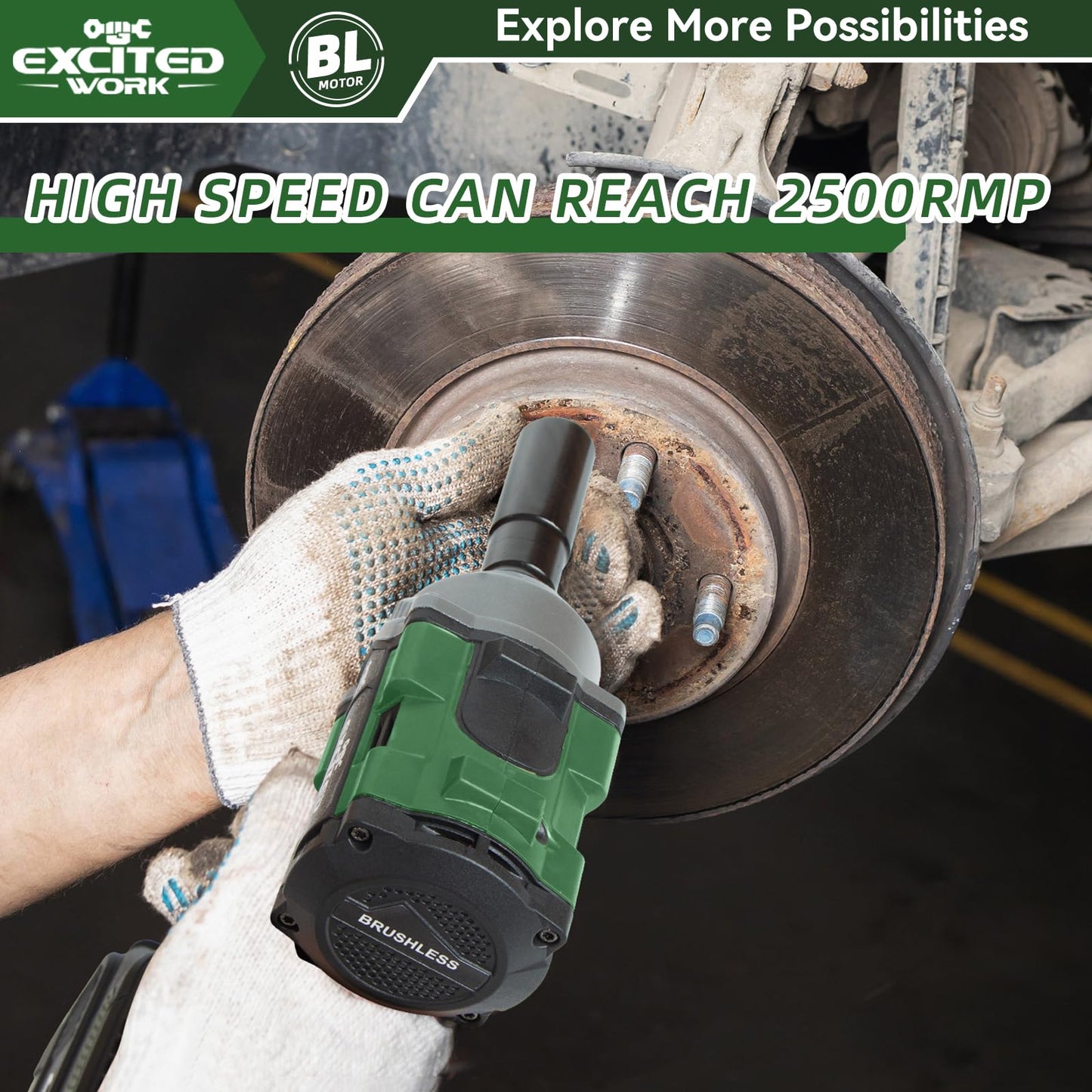 Excited Work 20V Brushless Impact Wrench Kit, 600Nm 1/2 Inch Impact Wrench with 2 x 4.5Ah Battery, 2500RPM High Torque Impact Gun, Fast Charger and Tool Box