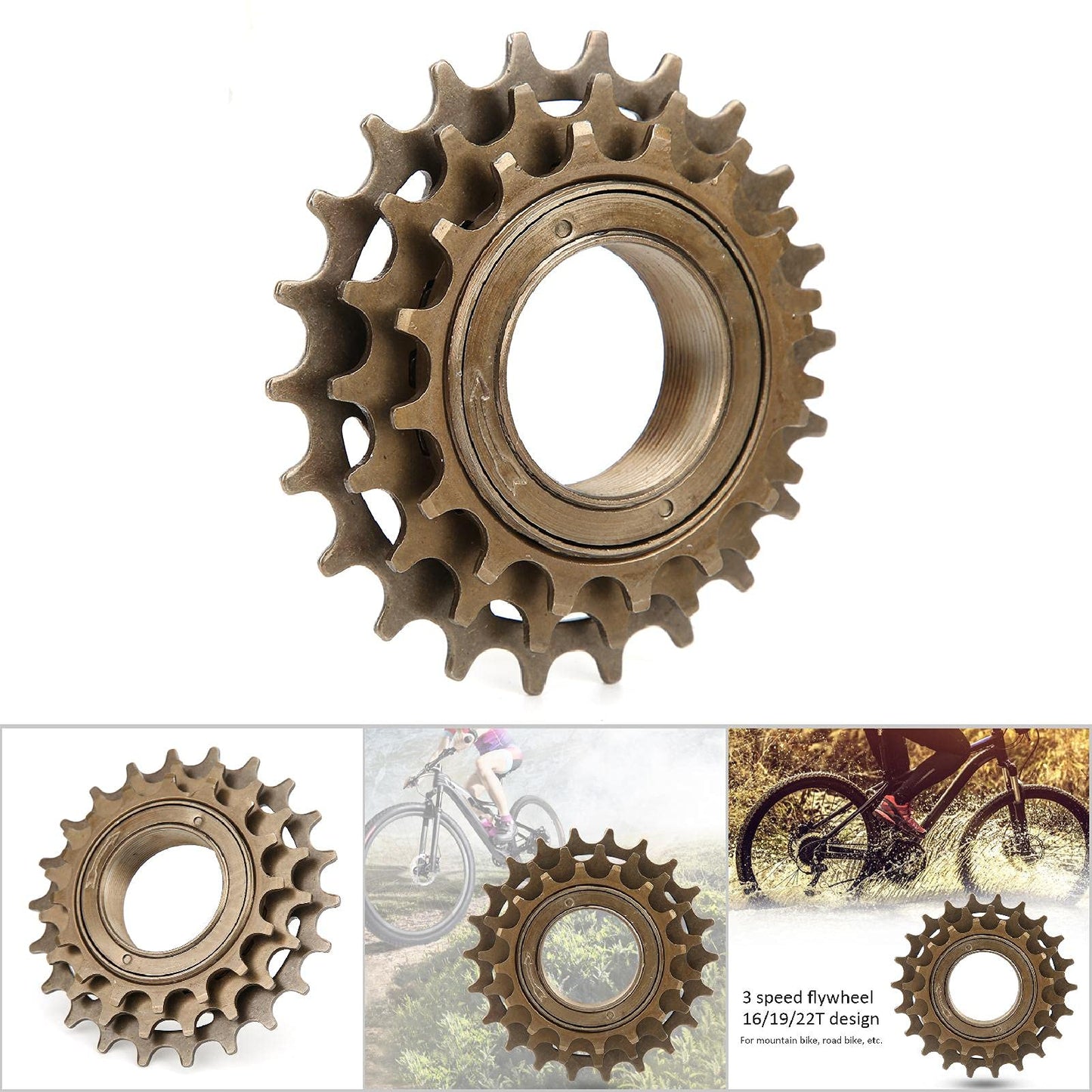 Tomotato Bicycle Freewheel, 3-Speed Threaded Freewheel with 16/19/22T Sprockets, Metal Replacement Part for Single Speed Mountain Road Bikes