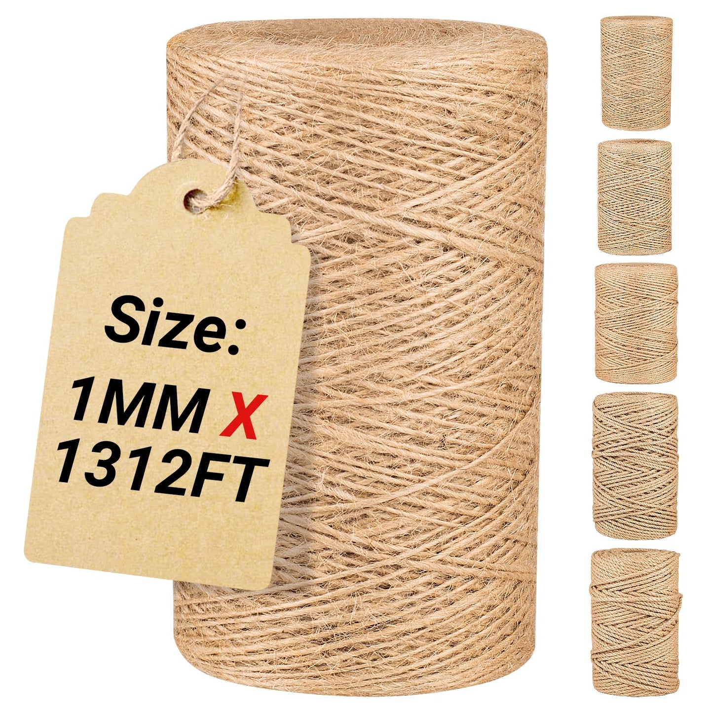 Natural Jute Twine String,Bulk Jute Rope Cord Twine for Crafting Gardening,Roll of Thick and Thin Twine for Gift Wrapping,Brown Decorative Rope,Ornament Twine for Cat Scratch Post (1mm x 1312ft)