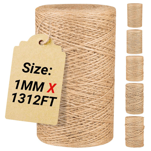 Natural Jute Twine String,Bulk Jute Rope Cord Twine for Crafting Gardening,Roll of Thick and Thin Twine for Gift Wrapping,Brown Decorative Rope,Ornament Twine for Cat Scratch Post (1mm x 1312ft)