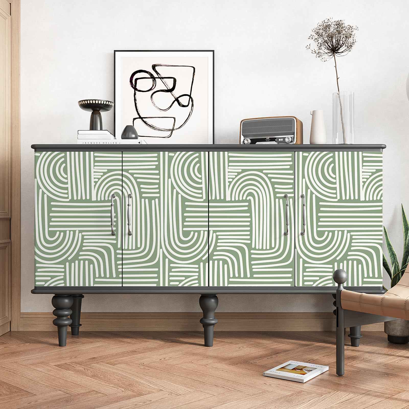 VEELIKE Sage Green Geometric Peel and Stick Wallpaper Boho Abstract Geometric Wallpaper for Bedroom Bathroom Accent Wall 17.7''x118'' Removable Art Deco Wall Paper Green Contact Paper for Cabinets