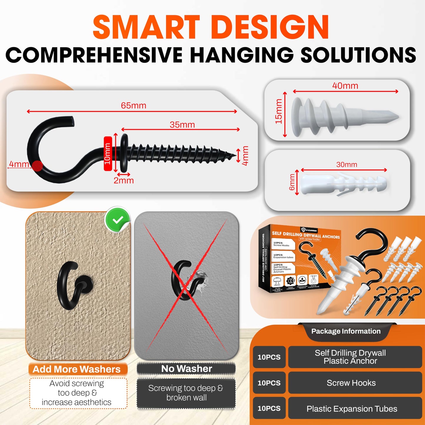 X-CUIRASS [Upgraded] 10 PCS Screw Hooks with Self-Drilling Drywall Anchors, Plastic Expansion Tubes Included, Heavy Duty Eye Hook, Screw in Hook for Hanging Plants, String Lights, Cup, Key
