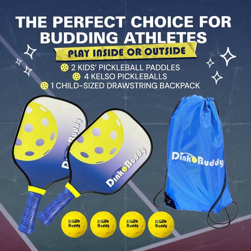 Dink Buddy - 2-in-1 Budding Pro Pickleball Kiddie Set, Complete with 4 Kelso Balls, 2 Mini Pickleball Paddles, & 1 Child-Sized Drawstring Backpack