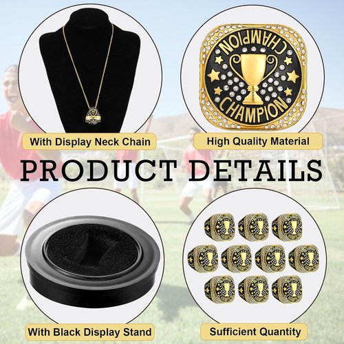 Highergo Championship Rings Set - 20 Pcs Sports Trophy Rings with Display Chain & Stand | Ideal for Tournaments