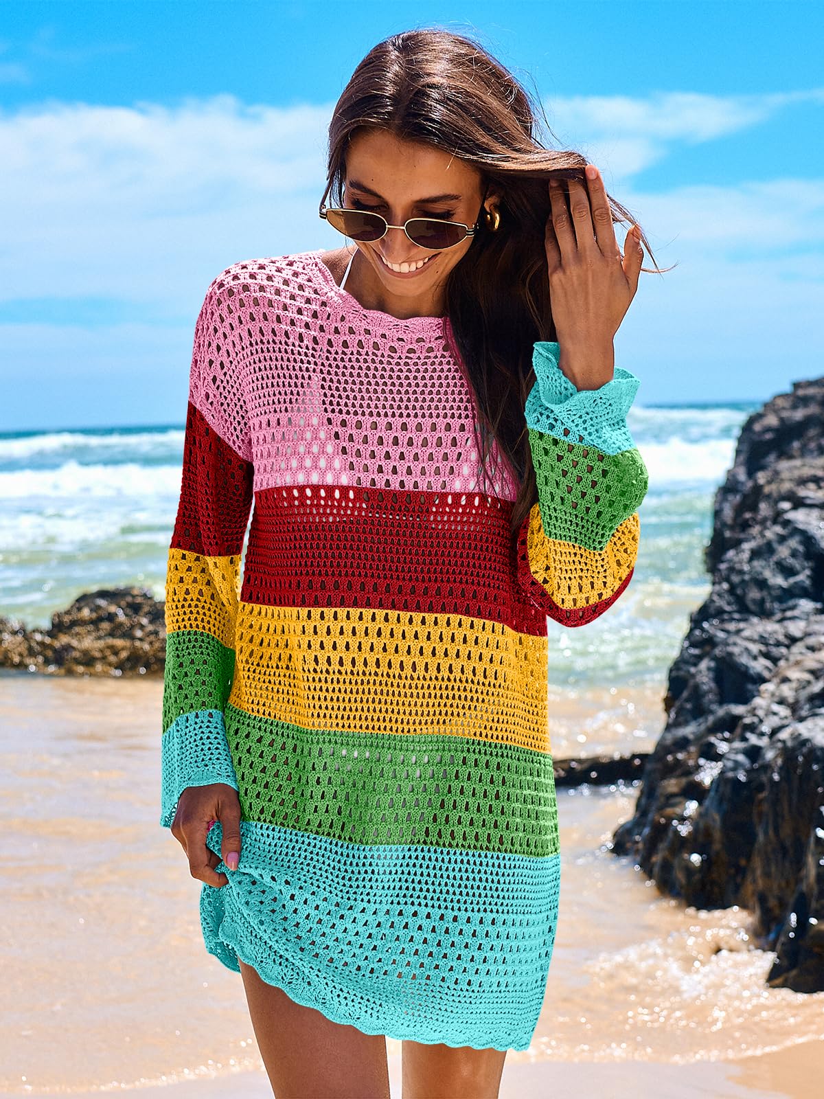 ANRABESS Women Swimsuit Crochet Swim Cover Up 2026 Summer Bathing Suit Swimwear Mesh Knit Beach Dress Vacation Outfits Rainbow Stripe Small