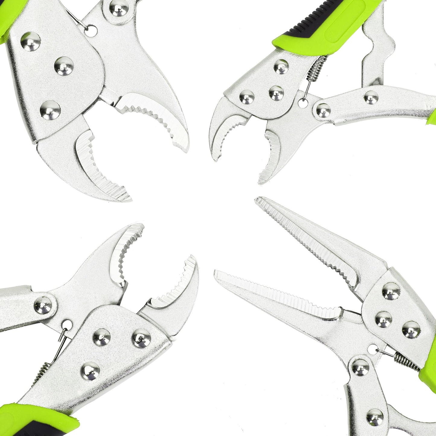 FASTPRO 4-Piece Locking Pliers Set with Heavy Duty Grip, 5", 7" and 10" Curved Jaw, 6-1/2" Long Nose Locking Pliers Included, Vise Grip Wrench Set, Green
