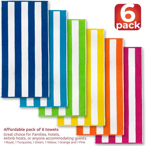 Cabana Stripe Beach & Pool Towels - Soft, Absorbent Eco-Friendly Terry & Velour | 6 Pack, 30in x 60in