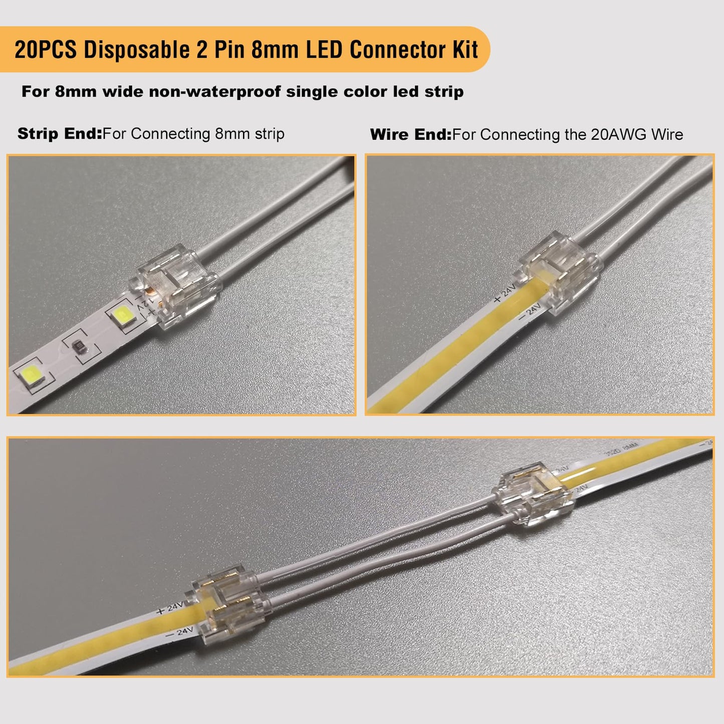 Hosyl Solderless COB LED Strip Light Connectors 20PCS+16.4ft 20AWG Extension Wire, 8mm 2-Pin DIY COB LED Strip to Wire Connectors Kit for Under Cabinet, Bedroom, Garage Lighting and DIY Projects