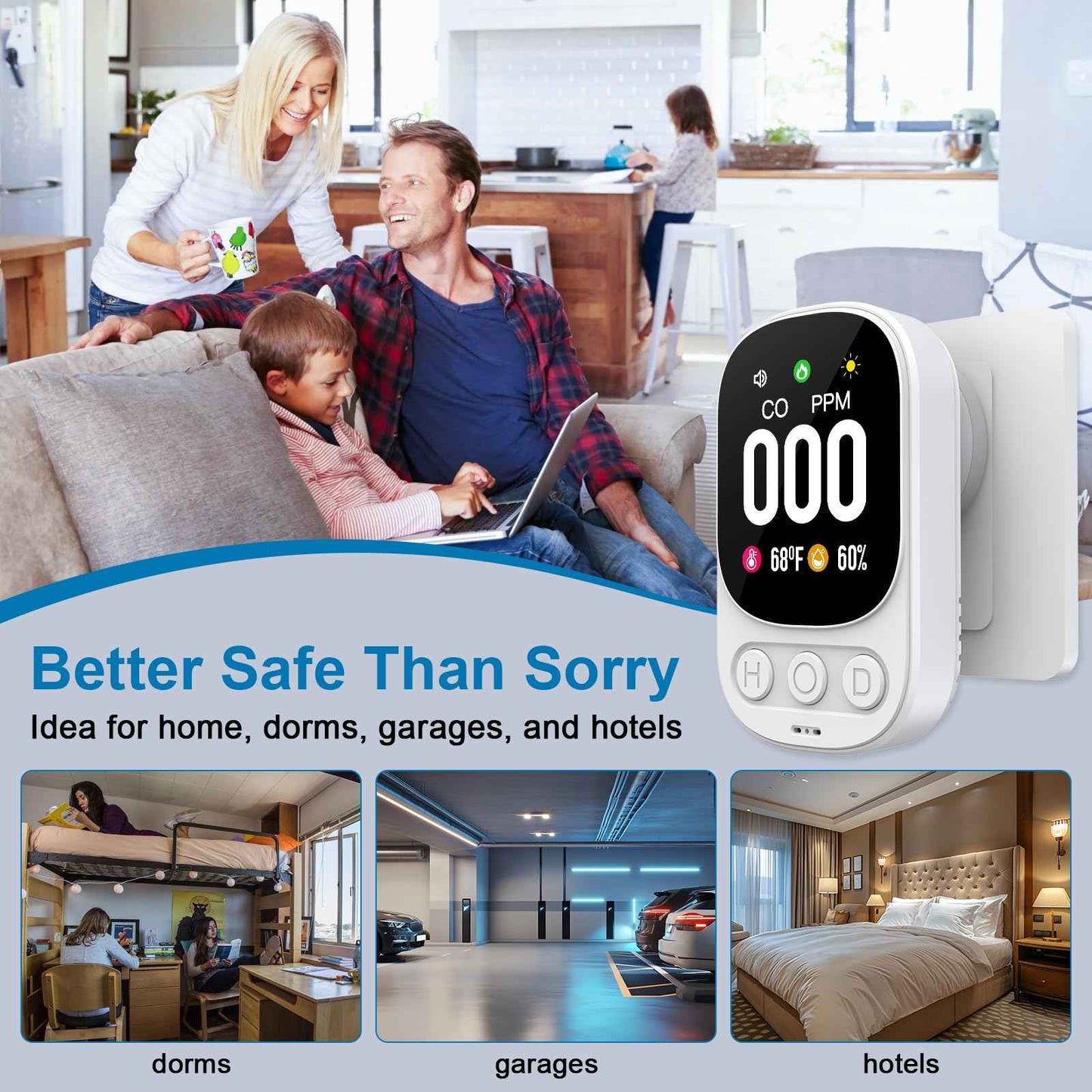 Pildegro 3-in-1 Carbon Monoxide Detector Plug in, Professional 2.1" LED Plug-and-Play Real-Time CO Monitor with Temp & RH, Premium Portable Travel CO Alarm with 85dB Loud Alarm (White/Classic)