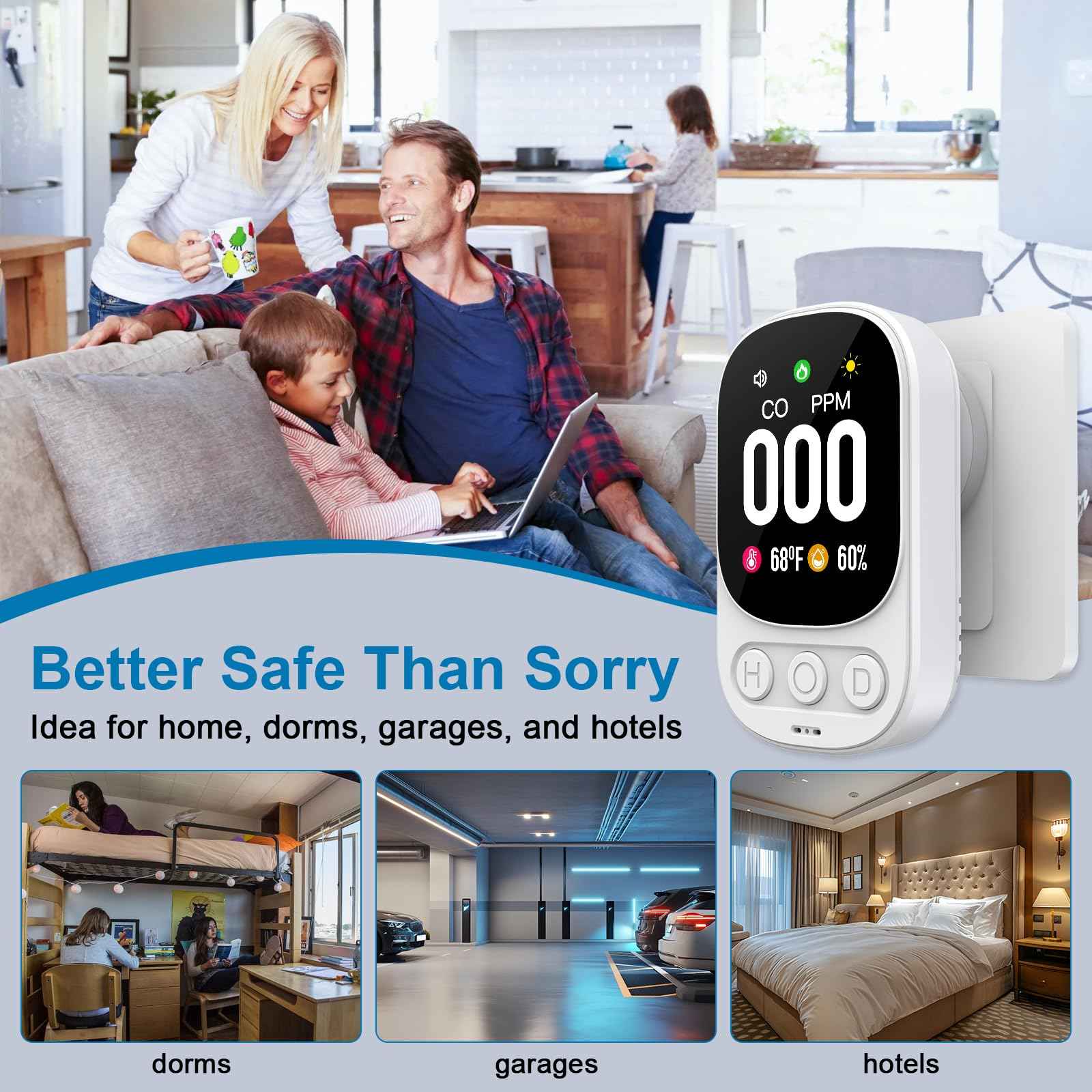 Pildegro 3-in-1 Carbon Monoxide Detector Plug in, Professional 2.1" LED Plug-and-Play Real-Time CO Monitor with Temp & RH, Premium Portable Travel CO Alarm with 85dB Loud Alarm (White/Classic)