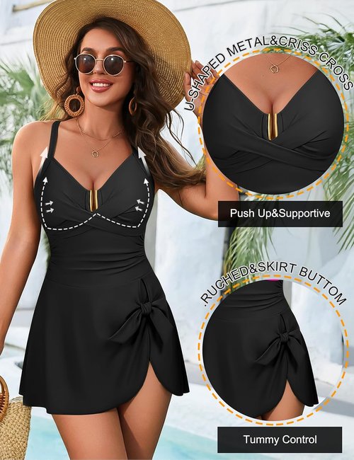 Blooming Jelly Women's Tummy Control One-Piece Swimsuit - Criss Cross Push-Up Design, Ruched Swim Dress 2026