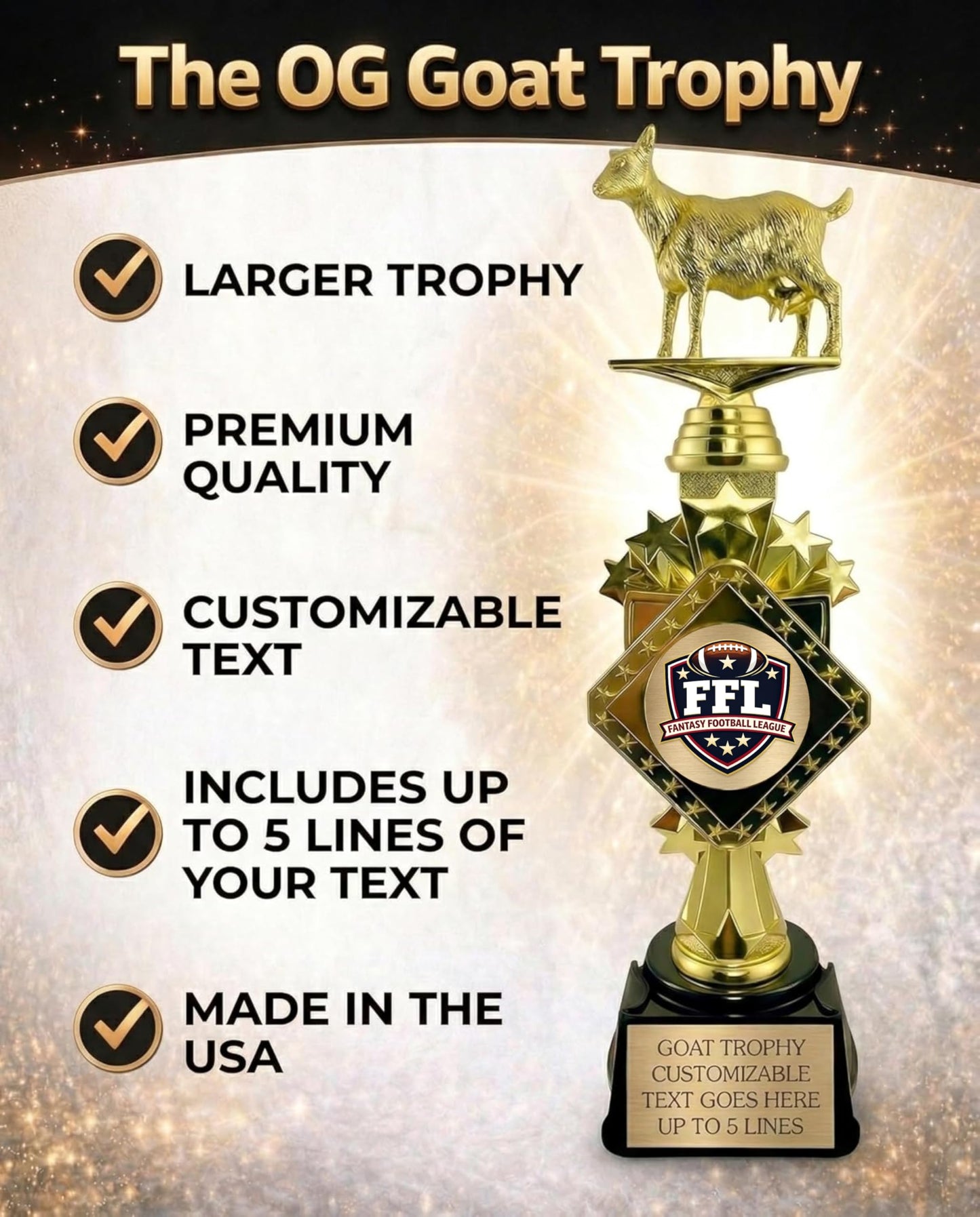 Customizable Fantasy Football Trophy, 13" Tall Gold Goat Trophy Award