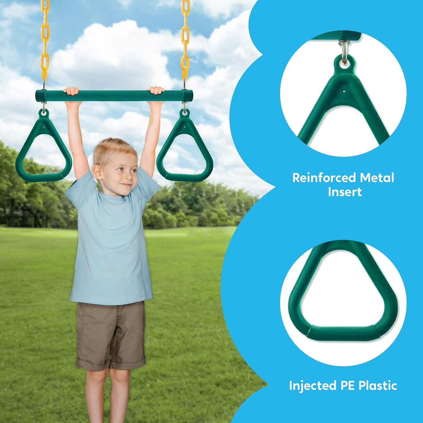 TURFEE Swing Set Accessories - 3 Pack with Gym Rings, Trapeze Bar & 2 Swings - Green Outdoor Play