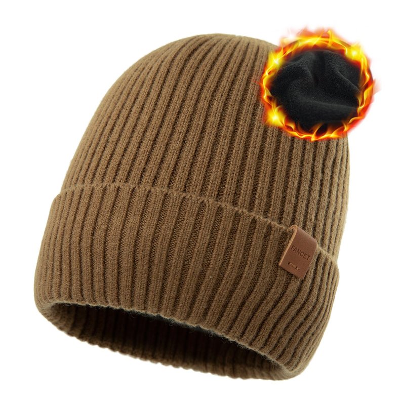 TOP-EX Mens 100% Merino Wool Beanie with Fleece Lining Cold Weather Winter Hat Warm Knit Skull Stocking Fisherman Watch Cap Big Head Oversize Camel Brown X-Large XX-Large XL XXL