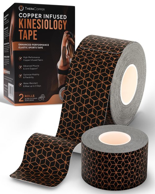TheraCopper Copper Infused Kinesiology Tape – 2 Rolls (40 Precut Strips) – Advanced Waterproof Kinesiology Tape for Shoulder, Elbow, Bowling Wrist, Weightlifting, Muscle Strain & Joint Support
