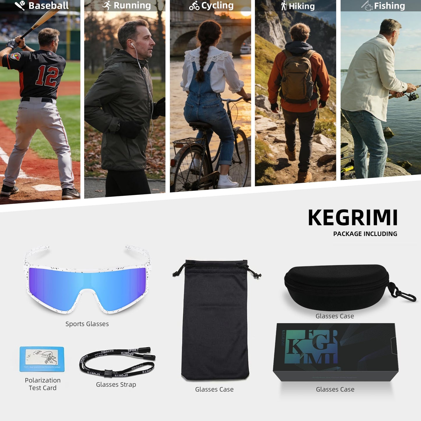 Kegrimi Sports Baseball Cycling Sunglasses for Men: Polarized Sunglasses for Women Youth UV Protection Running(Iceblue,150mm)